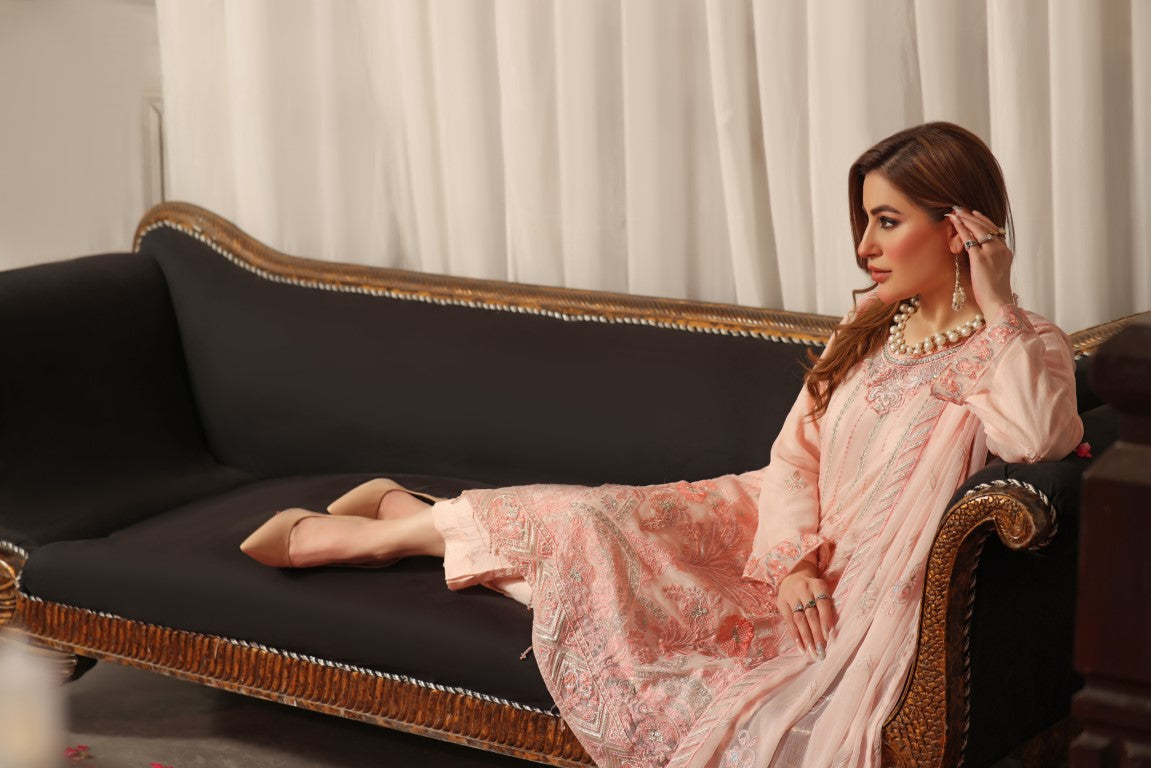 Baby Pink 3 piece Semi stitched suit. All over shirt with Heavy Dupatta.