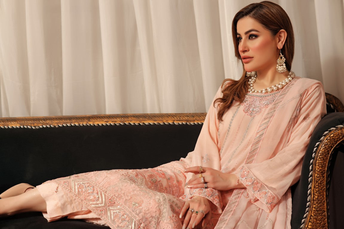 Baby Pink 3 piece Semi stitched suit. All over shirt with Heavy Dupatta.