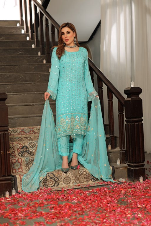 Blue 3 piece Semi stitched suit. All over shirt with Heavy Dupatta.