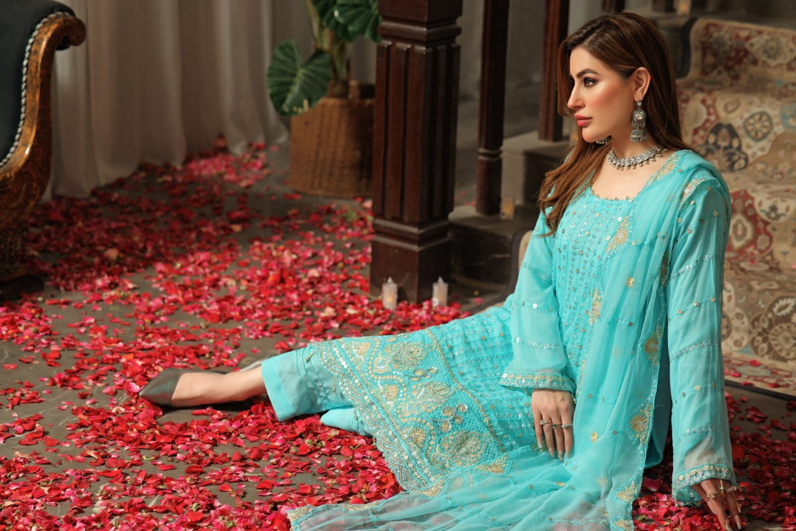 Blue 3 piece Semi stitched suit. All over shirt with Heavy Dupatta.