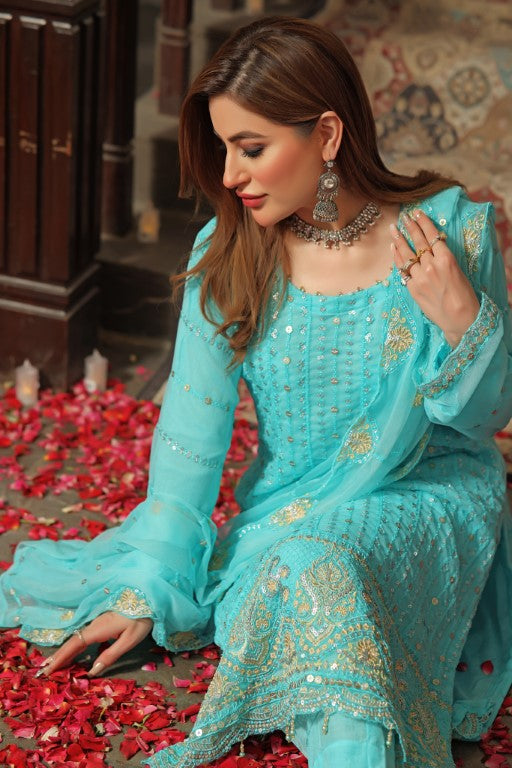 Blue 3 piece Semi stitched suit. All over shirt with Heavy Dupatta.