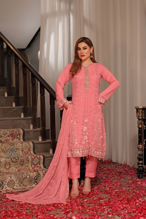 Pink 3 piece Semi stitched suit. All over shirt with Heavy Dupatta.
