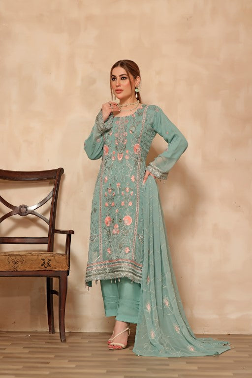 Greenish 3 piece Semi stitched suit. All over shirt with Heavy Dupatta.