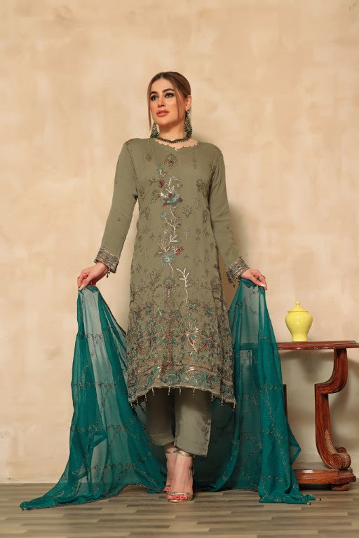 Mud Green 3 piece Semi stitched suit. All over shirt with Heavy Dupatta.