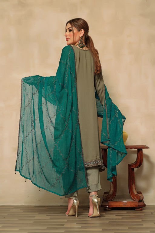 Mud Green 3 piece Semi stitched suit. All over shirt with Heavy Dupatta.