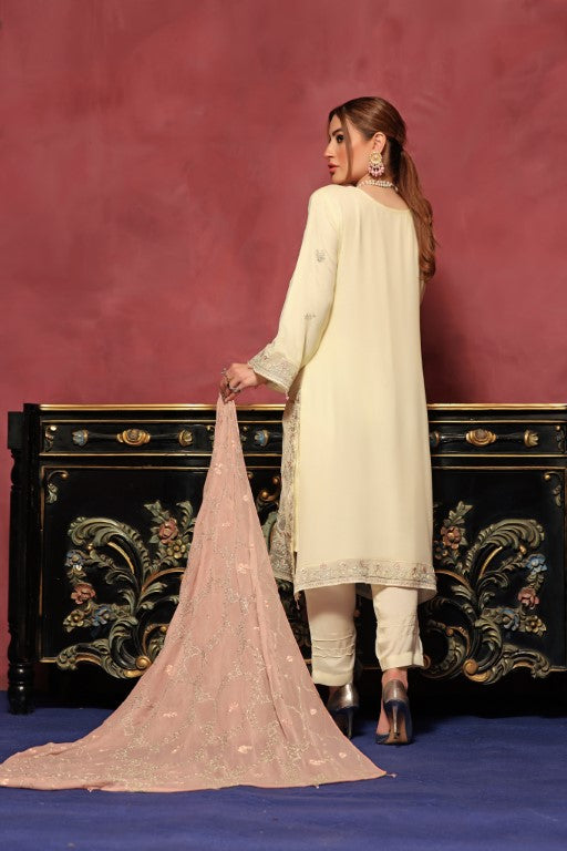Cream 3 piece Semi stitched suit. All over shirt with Heavy Dupatta.