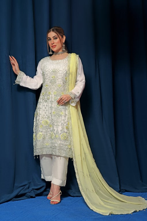 White 3 piece Semi stitched suit. All over shirt with Heavy Dupatta.