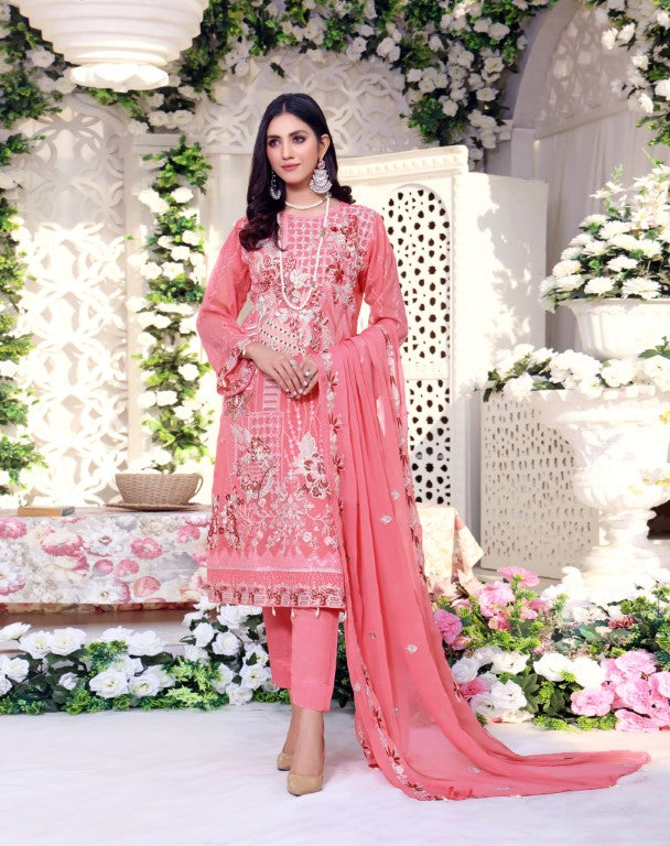 Ladies Chiffon 3 piece suits. Plush pink Heavy embroidered suit with fancy handwok.