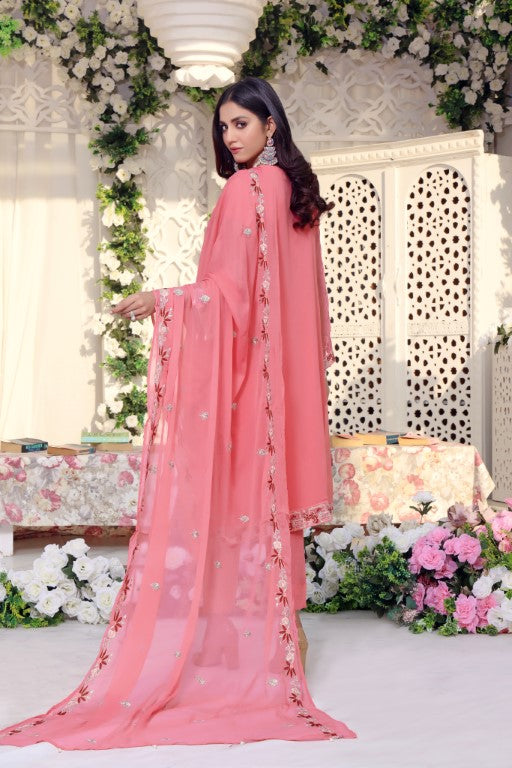 Ladies Chiffon 3 piece suits. Plush pink Heavy embroidered suit with fancy handwok.