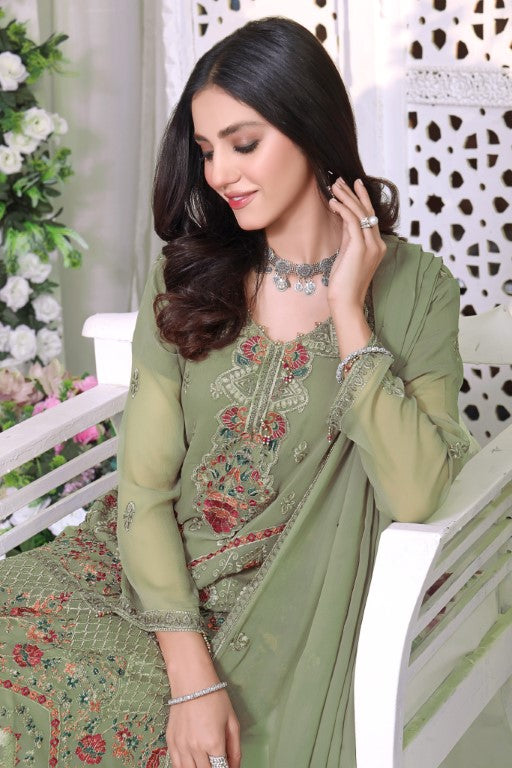 Dusty green embroidered 3 piece suit tussels and stylish embroidered dupatta.