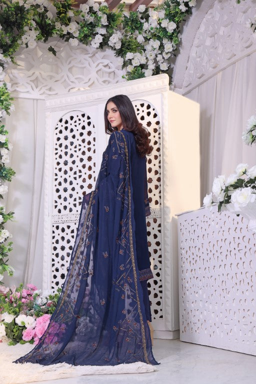 Midnight Blue Panel embroidered shirt with heavy dupatta.