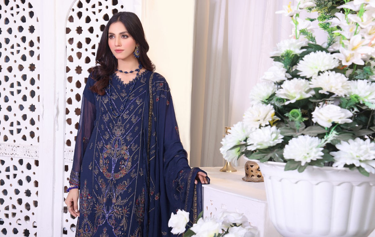 Midnight Blue Panel embroidered shirt with heavy dupatta.