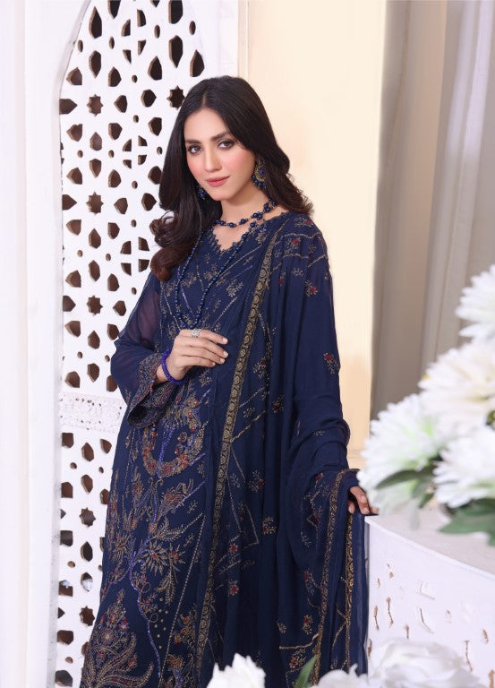 Midnight Blue Panel embroidered shirt with heavy dupatta.