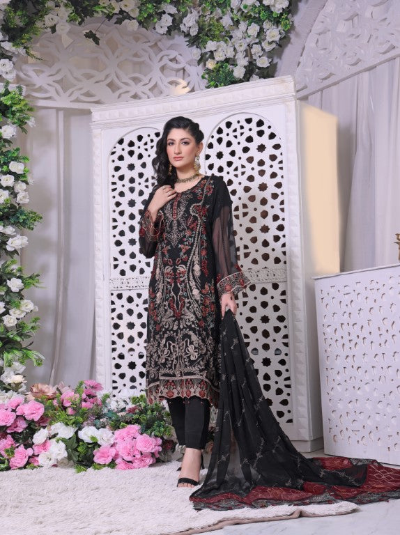 Bold black 3 piece Semi stitched suit. All over shirt with Heavy Dupatta.