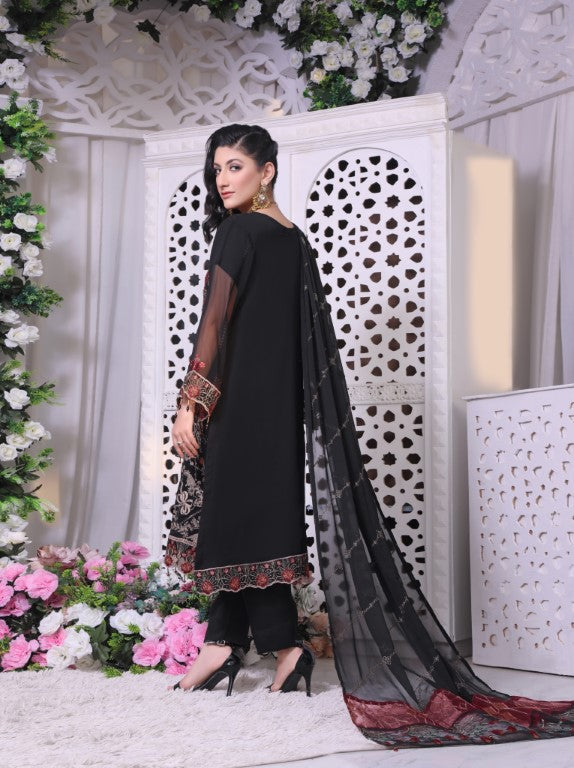 Bold black 3 piece Semi stitched suit. All over shirt with Heavy Dupatta.