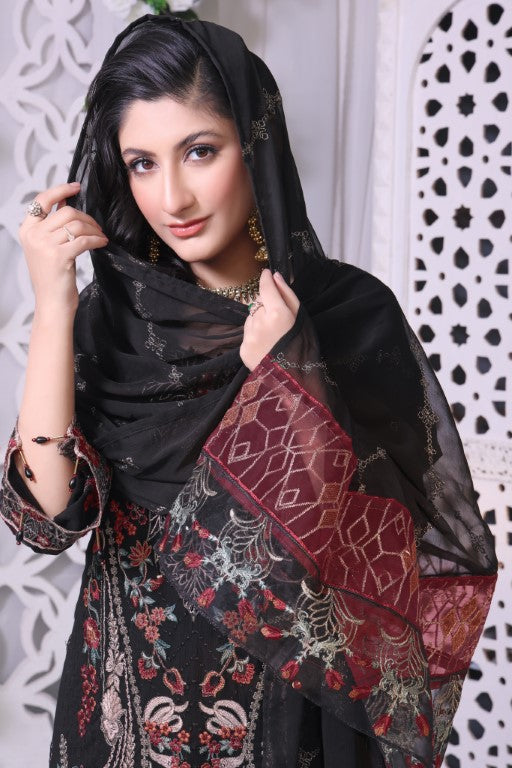 Bold black 3 piece Semi stitched suit. All over shirt with Heavy Dupatta.