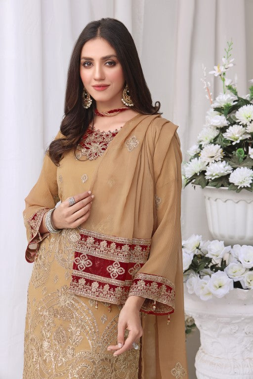 Camel Brown Roman Neck embroidered 3 piece suit.