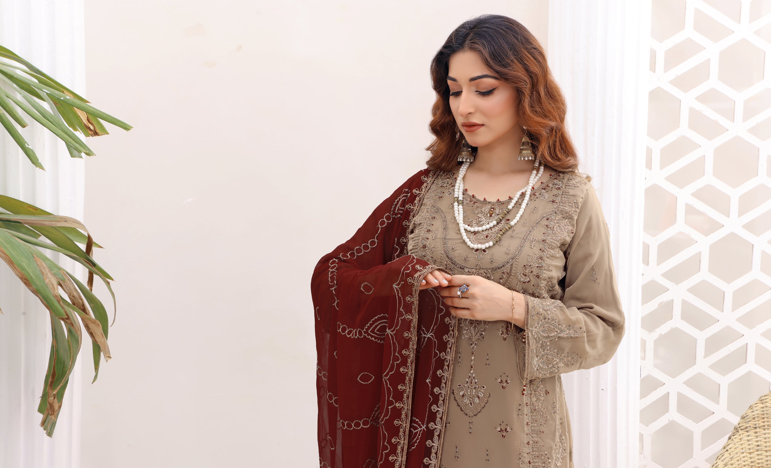 Tan Mehroon Contrast-Exquisite Ladies Chiffon Embroidered Suit.