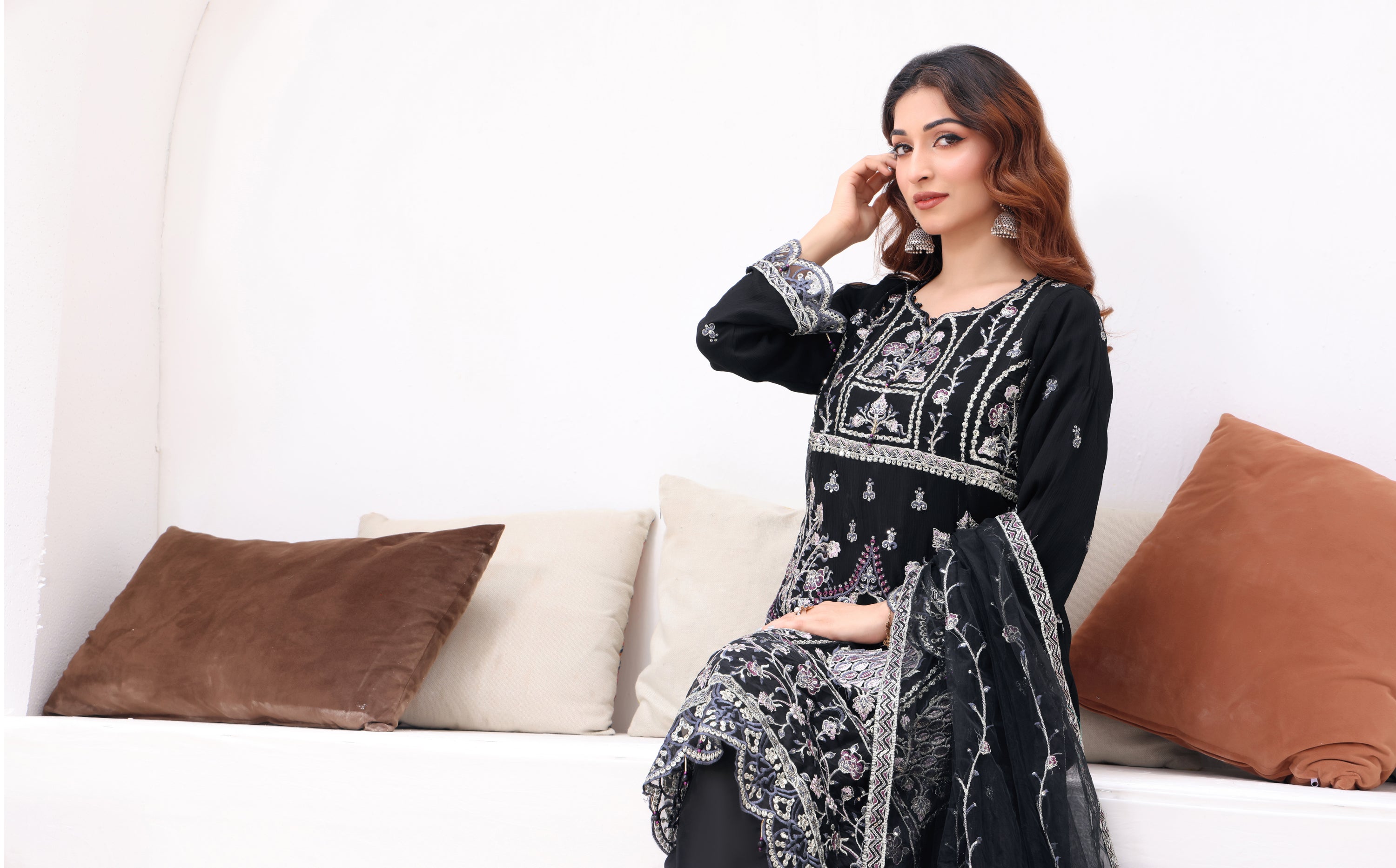 Bold Black - Elegant & Exquisite Ladies Chiffon Embroidered Suit.