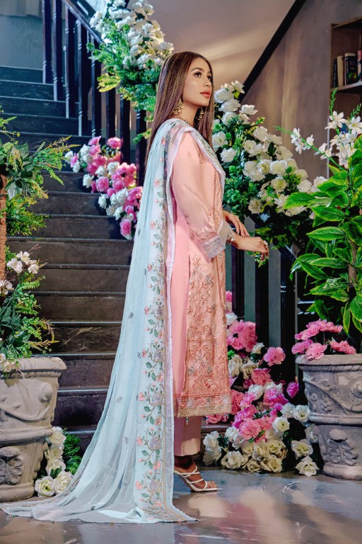 3 piece Fancy Ladies suit. Pink- Blue Contrast Chiffon Embroidered