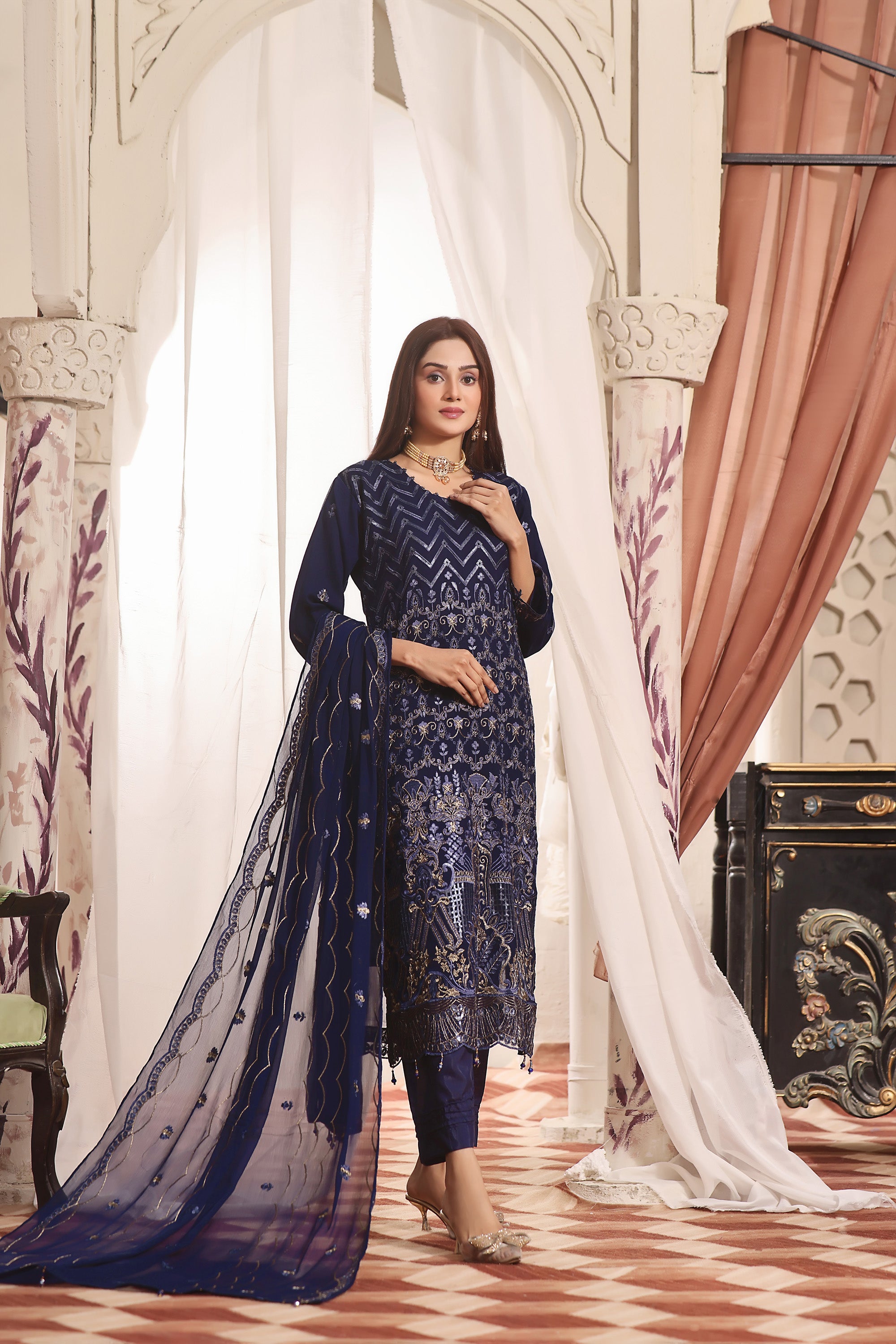 SQ BK - 04 Midnight Blue 3 PIECE - EMBROIDERED Semi-stitched Chiffon Suit