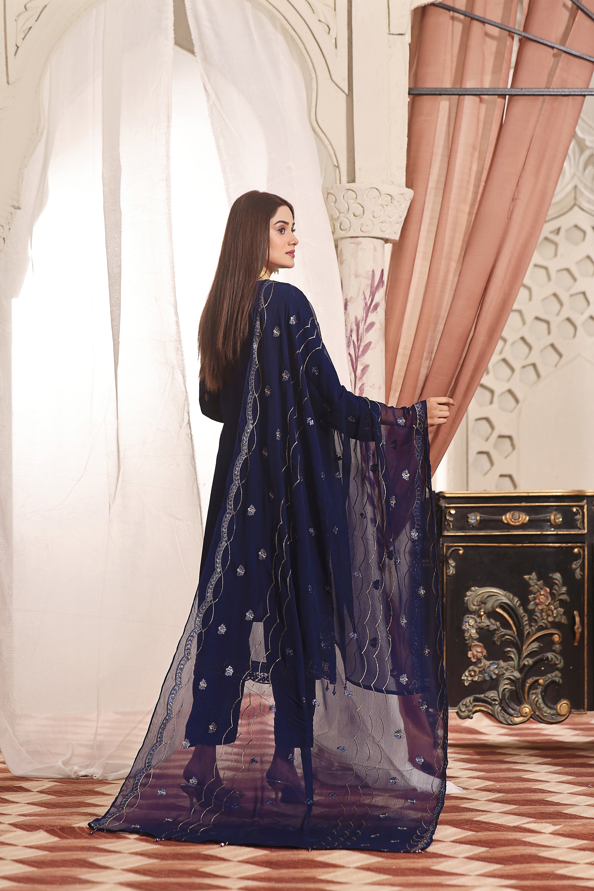 SQ BK - 04 Midnight Blue 3 PIECE - EMBROIDERED Semi-stitched Chiffon Suit