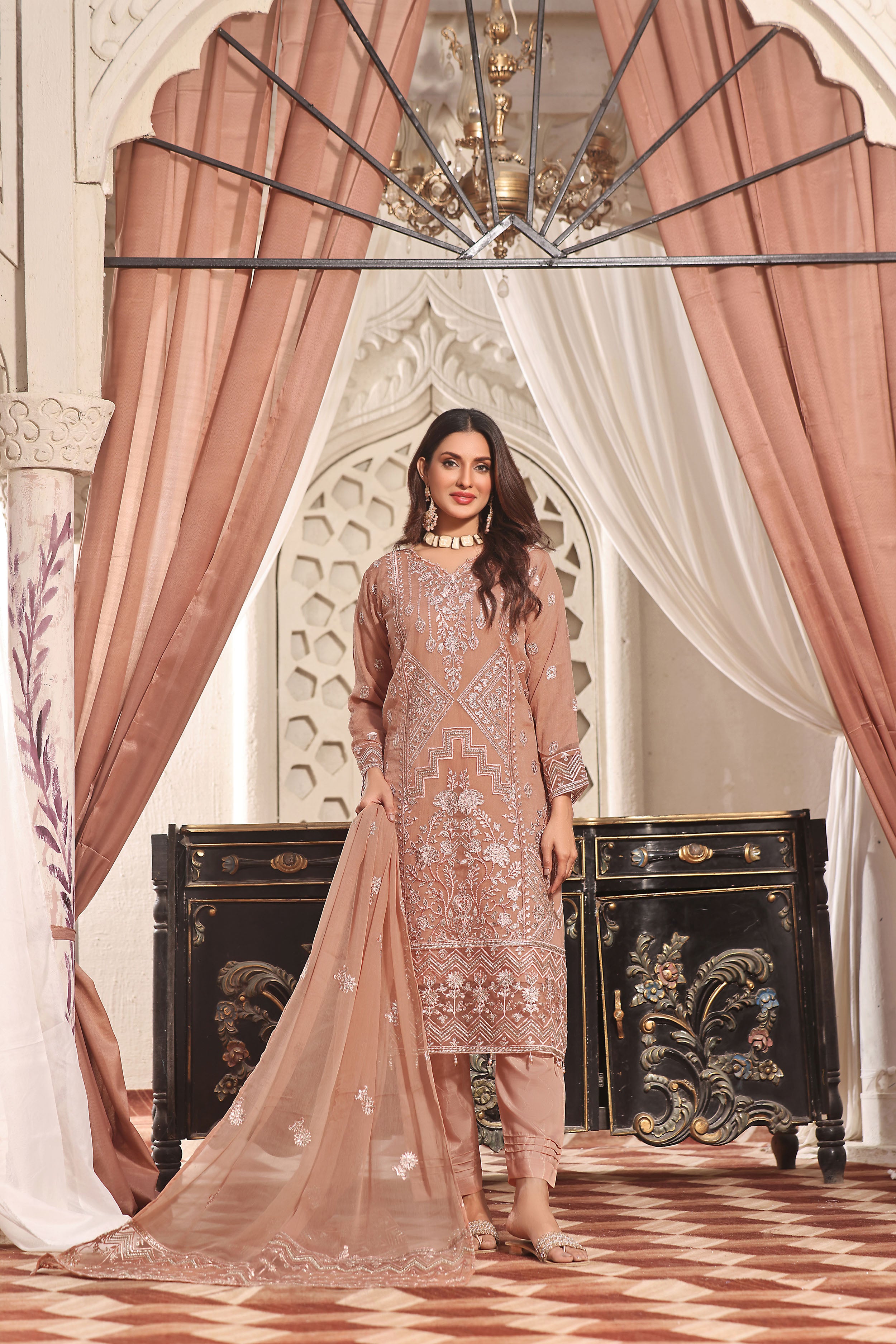 DN BK -01 Cider Brown 3 PIECE - EMBROIDERED Semi-stitched Chiffon Suit