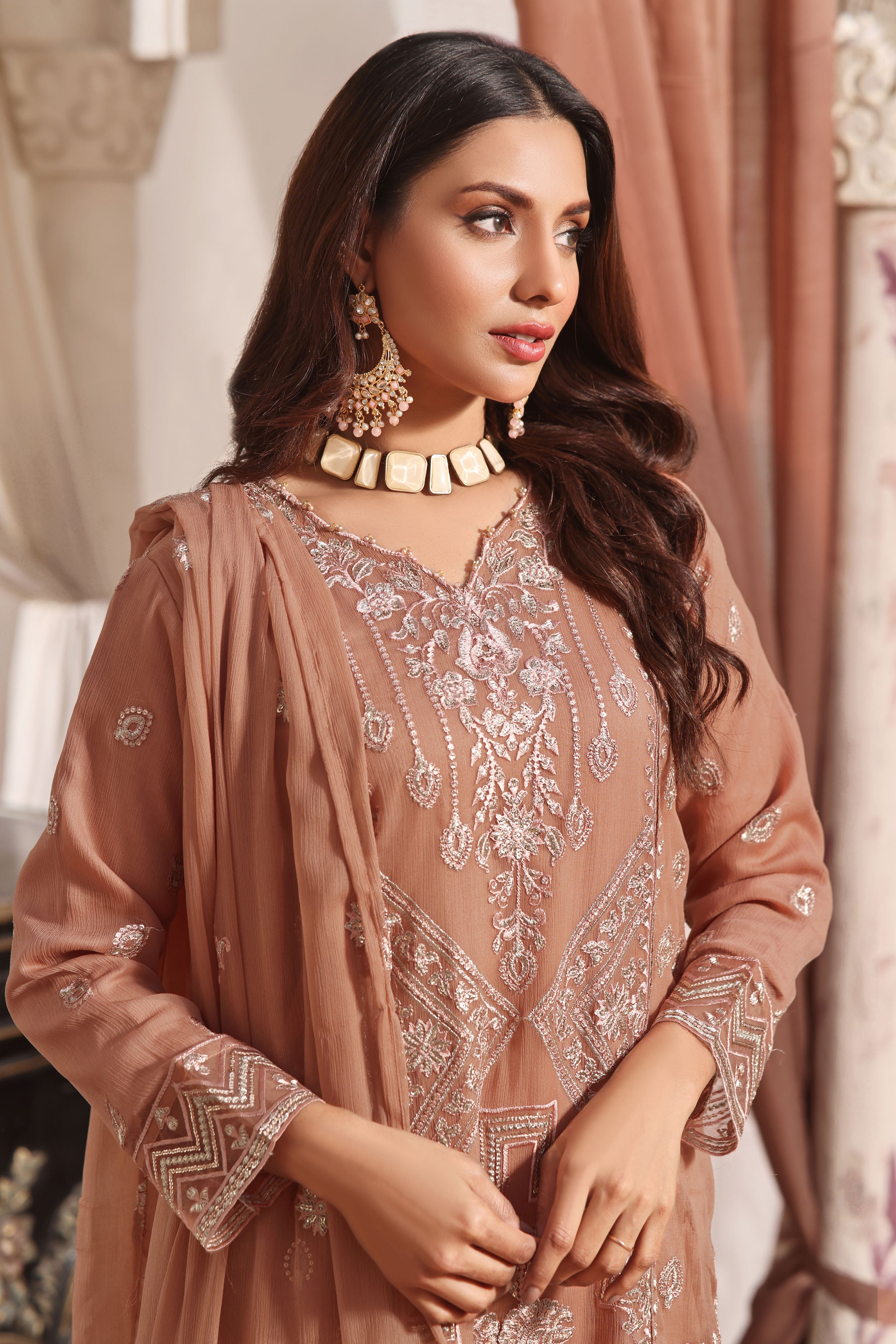 DN BK -01 Cider Brown 3 PIECE - EMBROIDERED Semi-stitched Chiffon Suit