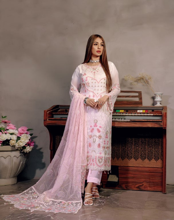 3 piece Fancy Ladies suit. Light Pink pure Thread work Embroidery.