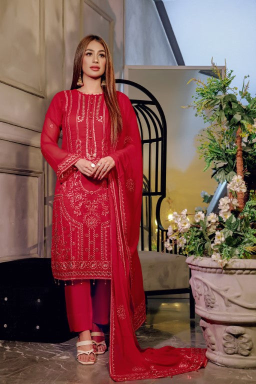3 piece Fancy Chiffon Ladies suit. Pure Red Sleek thread Embroidered
