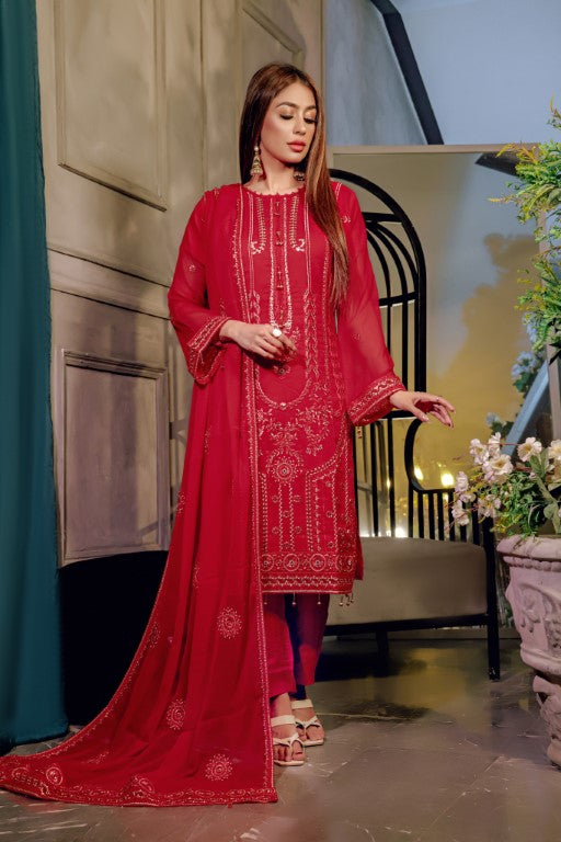 3 piece Fancy Chiffon Ladies suit. Pure Red Sleek thread Embroidered