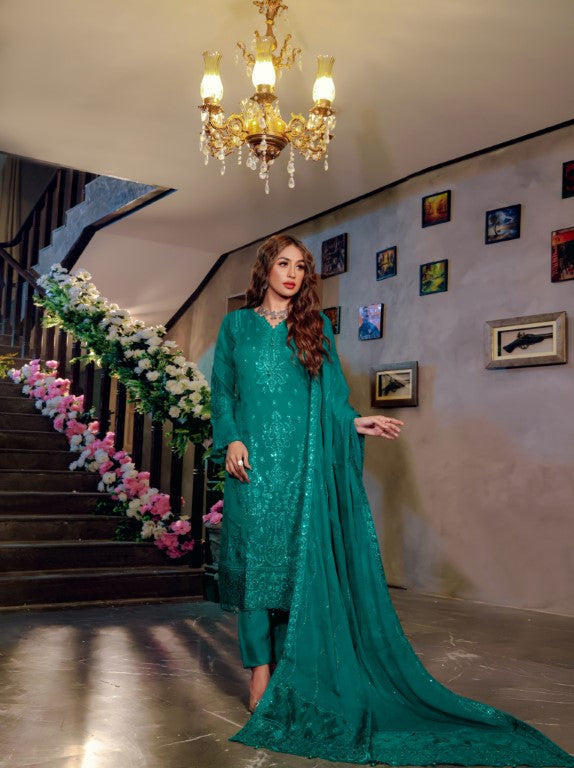 3 piece Fancy Ladies suit. Green Chiffon with Thread & Sequence Embroidered