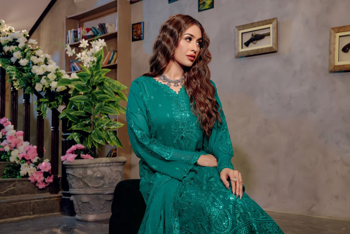 3 piece Fancy Ladies suit. Green Chiffon with Thread & Sequence Embroidered