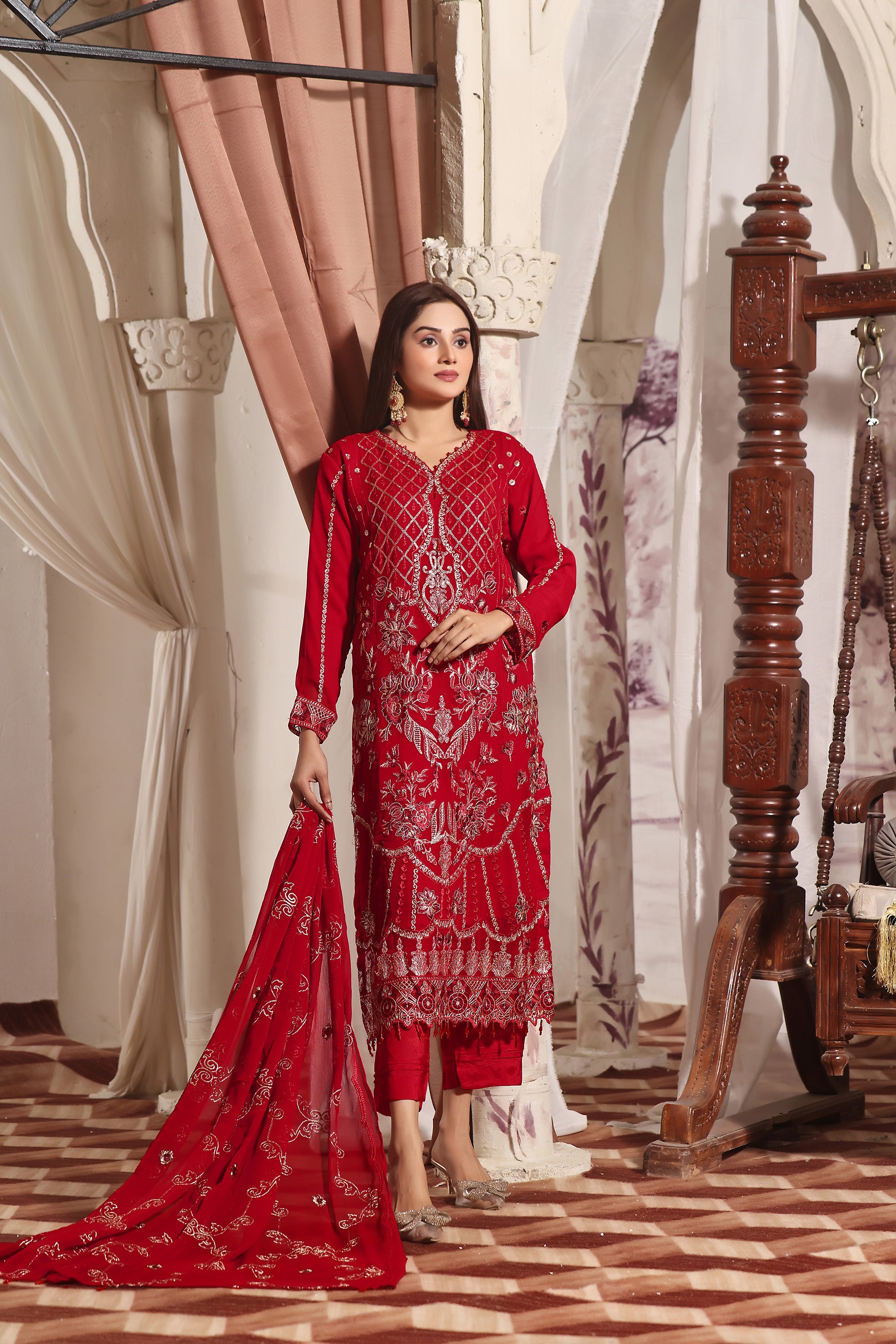 SQ  BK -02 Rose Red 3 PIECE - EMBROIDERED Semi-stitched Chiffon Suit