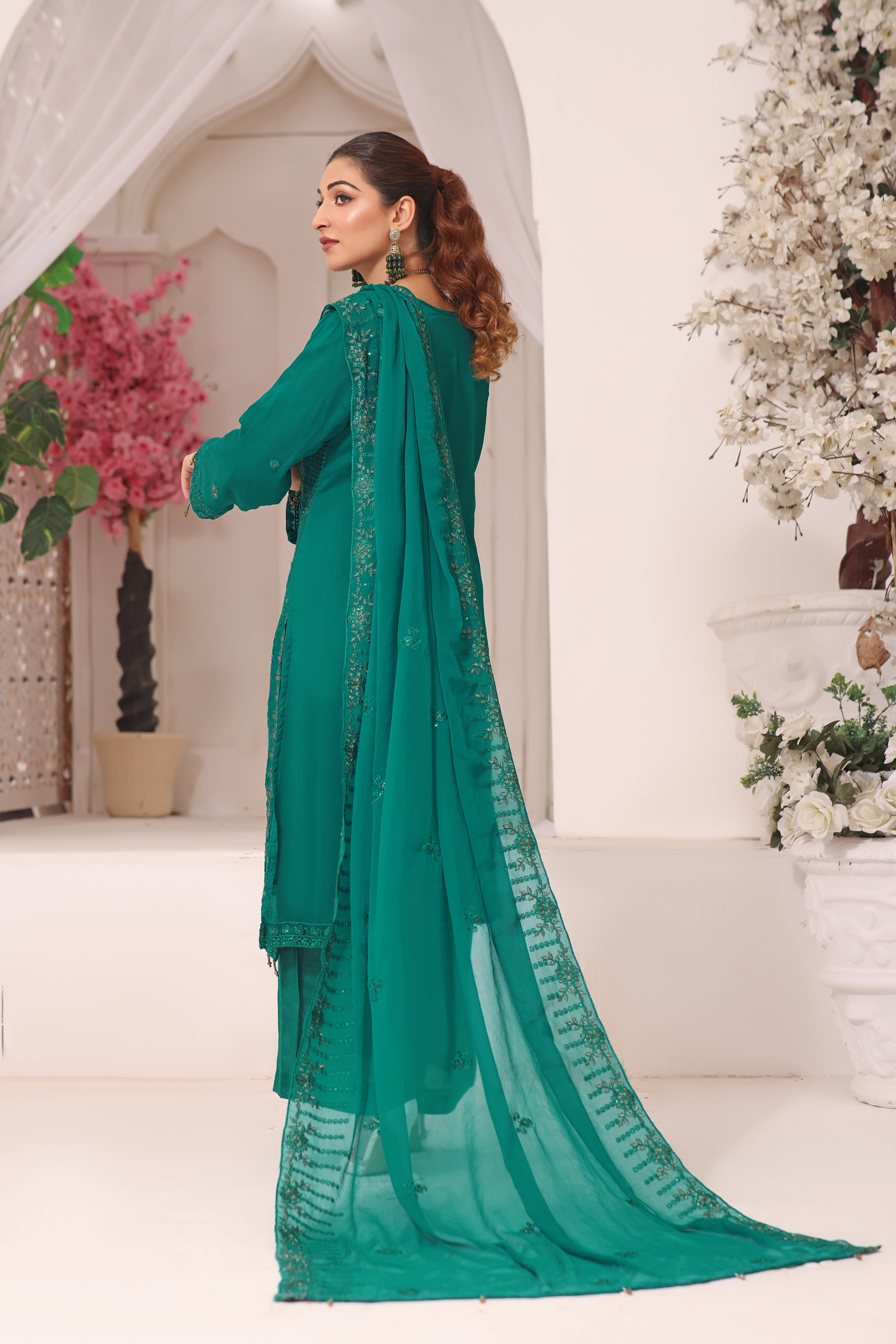 Sacrameto Green - Elegant & Exquisite Ladies Chiffon Embroidered Suit.