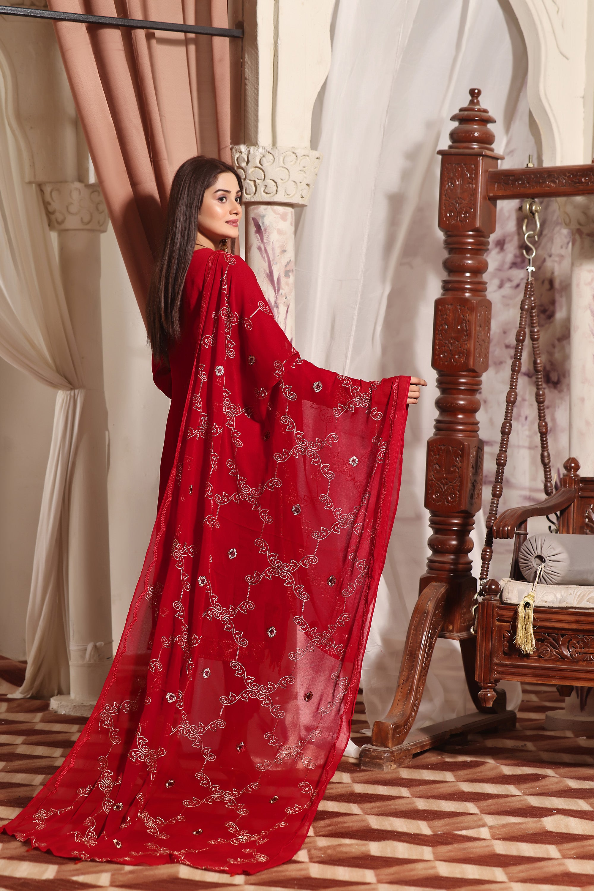 SQ  BK -02 Rose Red 3 PIECE - EMBROIDERED Semi-stitched Chiffon Suit