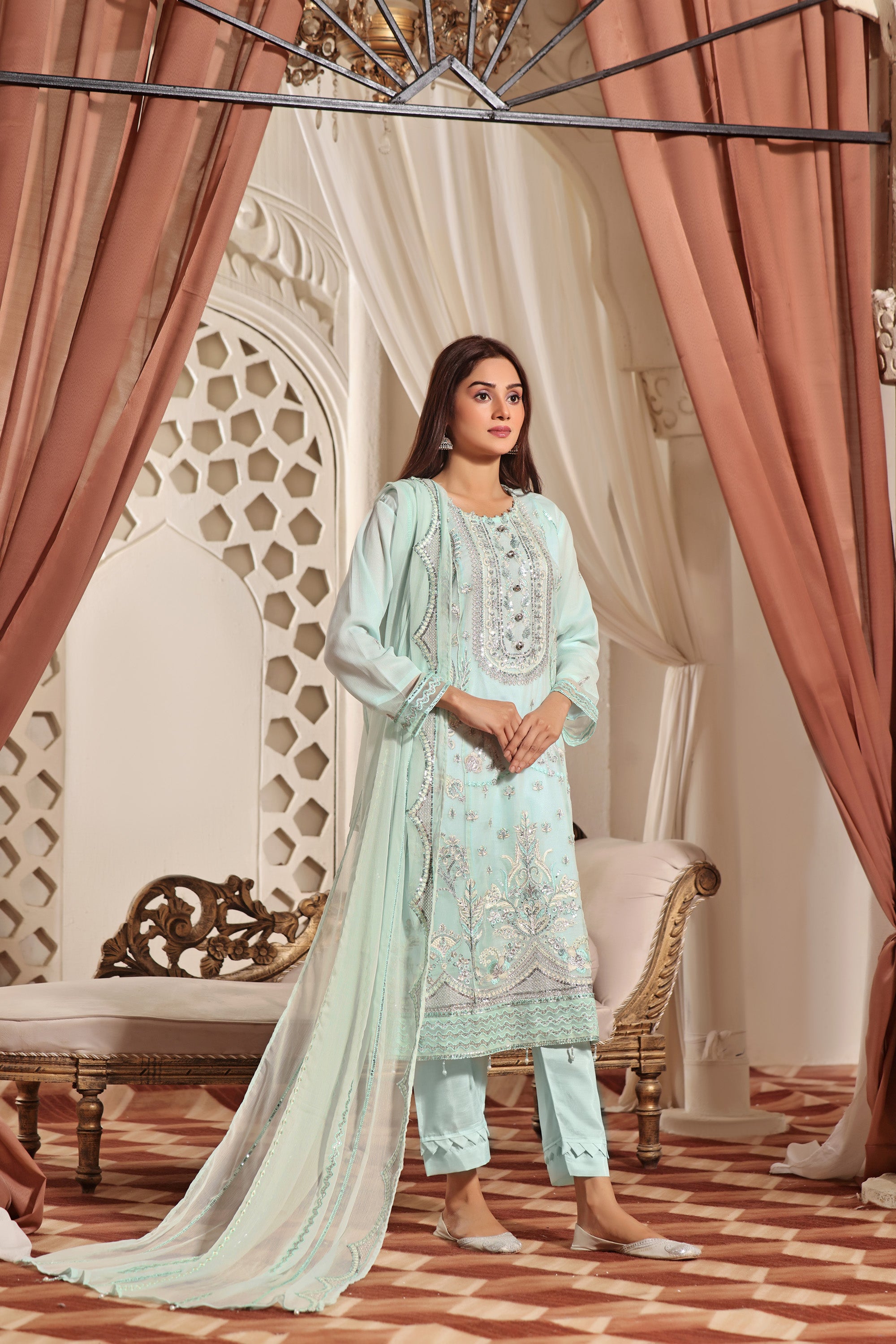 SQ BK - 05 Pistachio Green 3P Embroidered Semi-stitched Chiffon Suit.