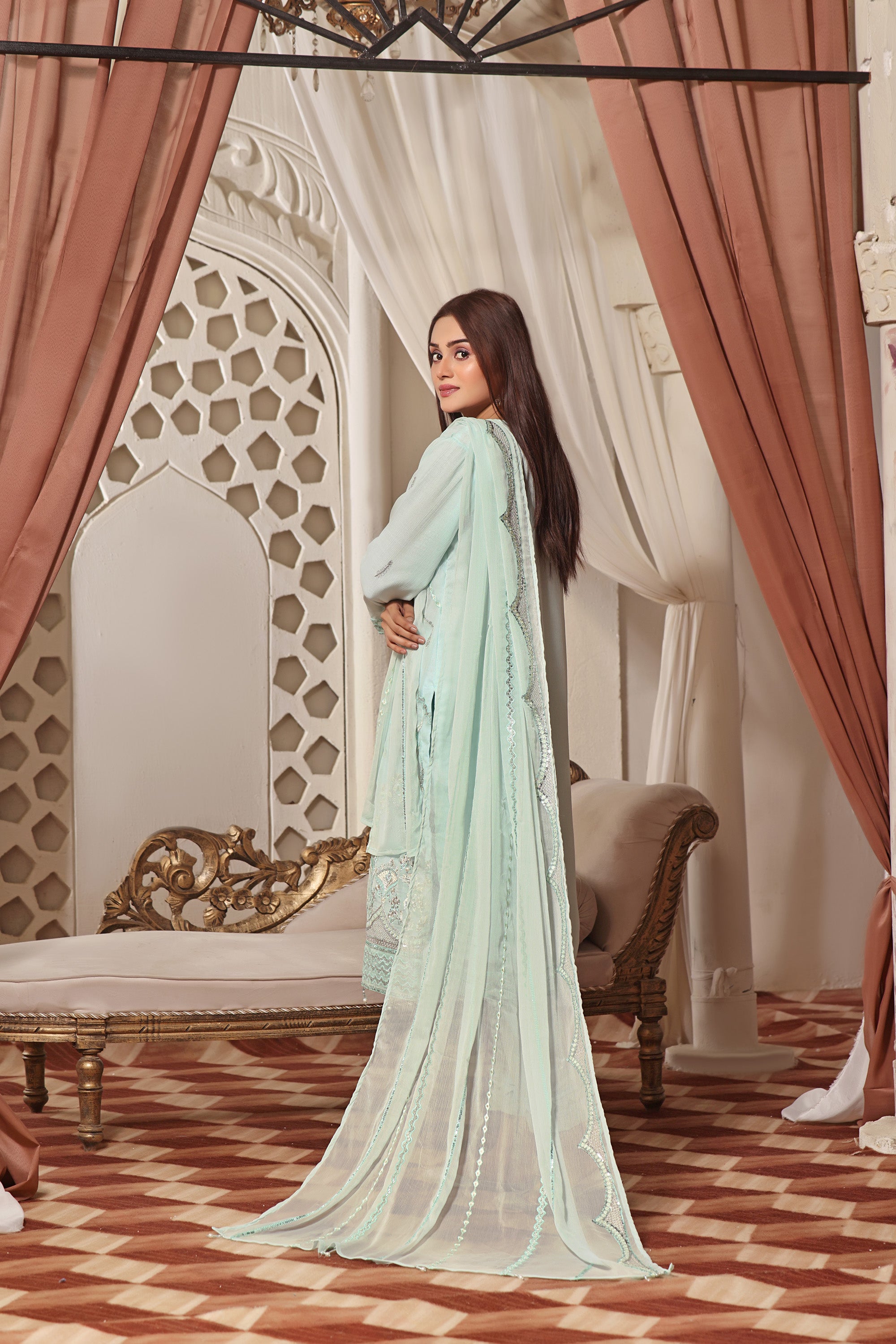 SQ BK - 05 Pistachio Green 3P Embroidered Semi-stitched Chiffon Suit.