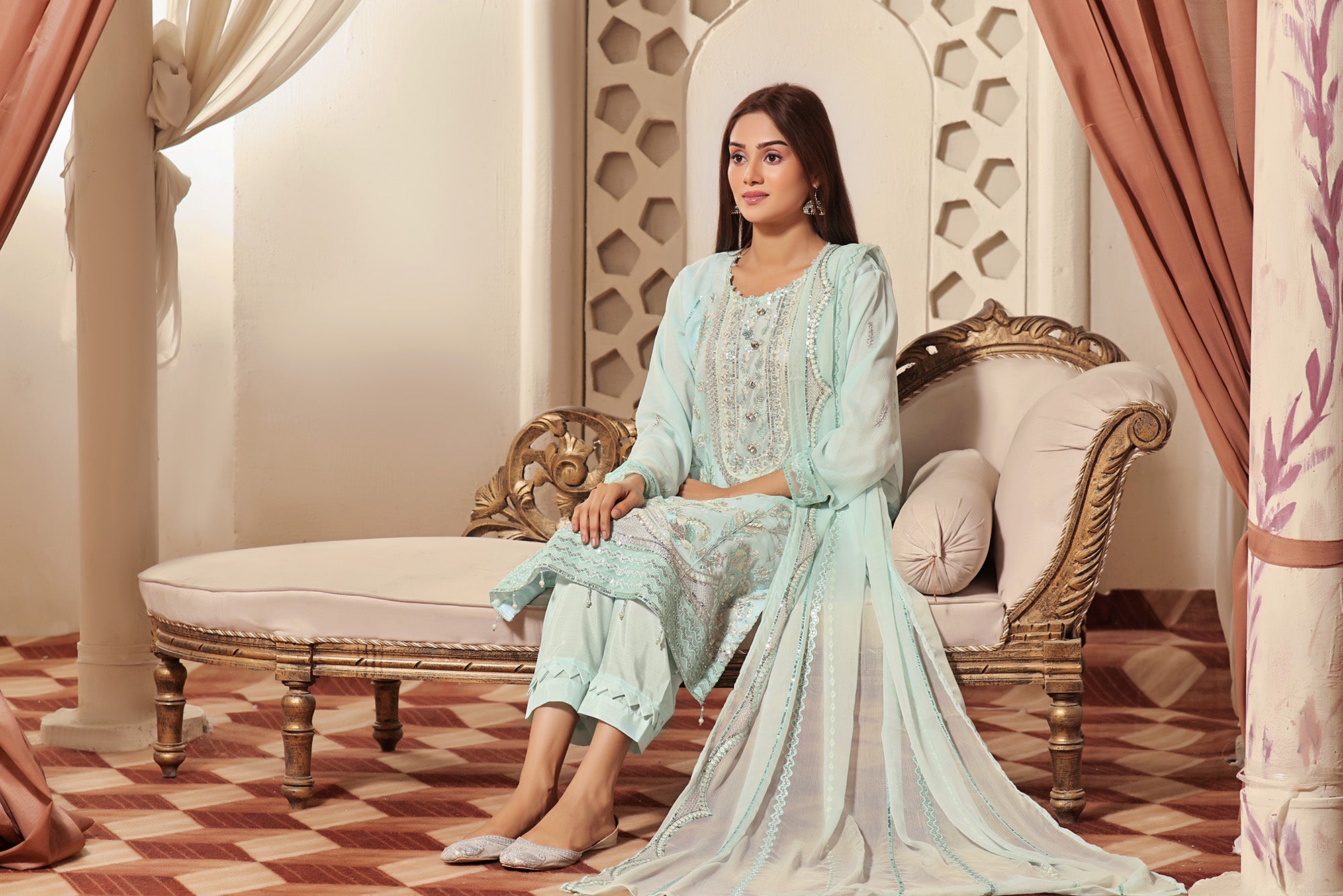 SQ BK - 05 Pistachio Green 3P Embroidered Semi-stitched Chiffon Suit.