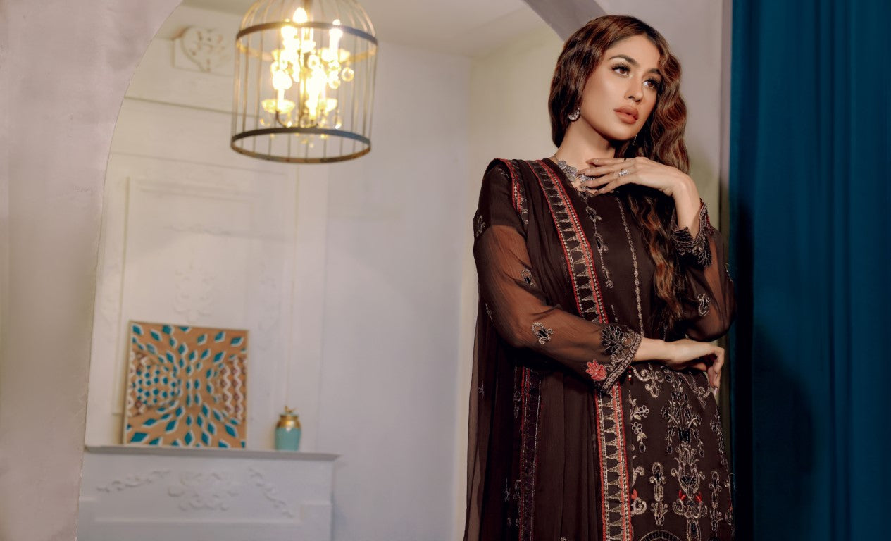 3 piece Fancy Ladies suit. Deep Brown Chiffon Embroidered heavy sleeves.