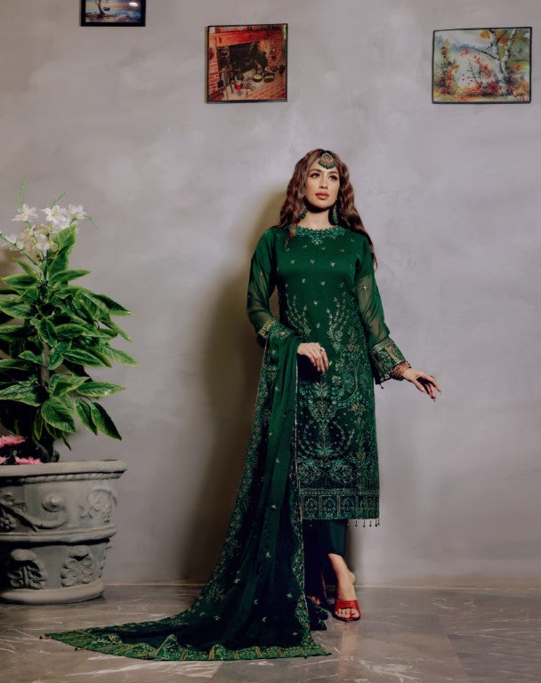 3 piece Fancy Ladies suit. Bottle Green heavy handwork & Embroidery.