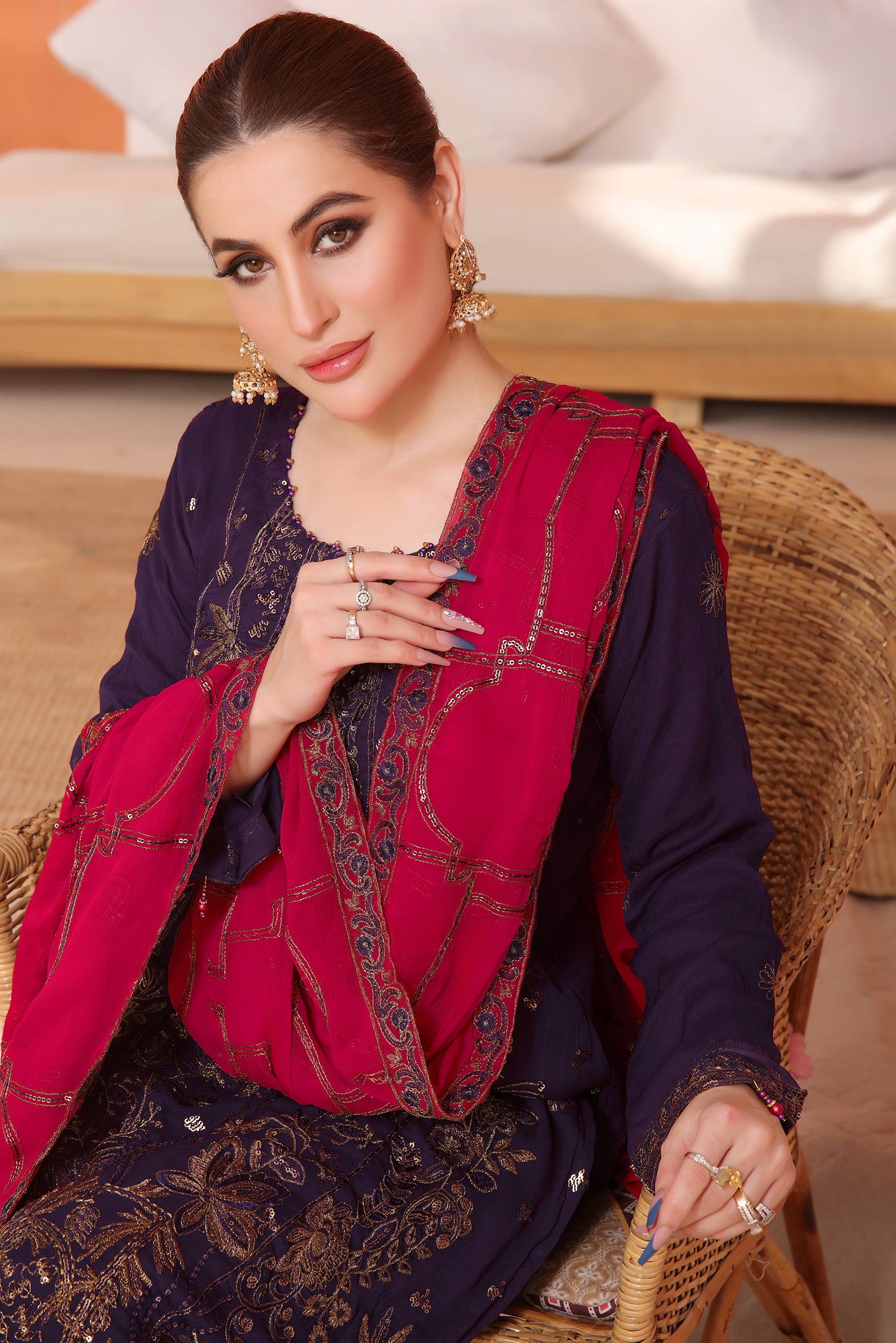 Deep plum 3 piece semi stitched suit for her. Contrast pink chiffon heavy dupatta.