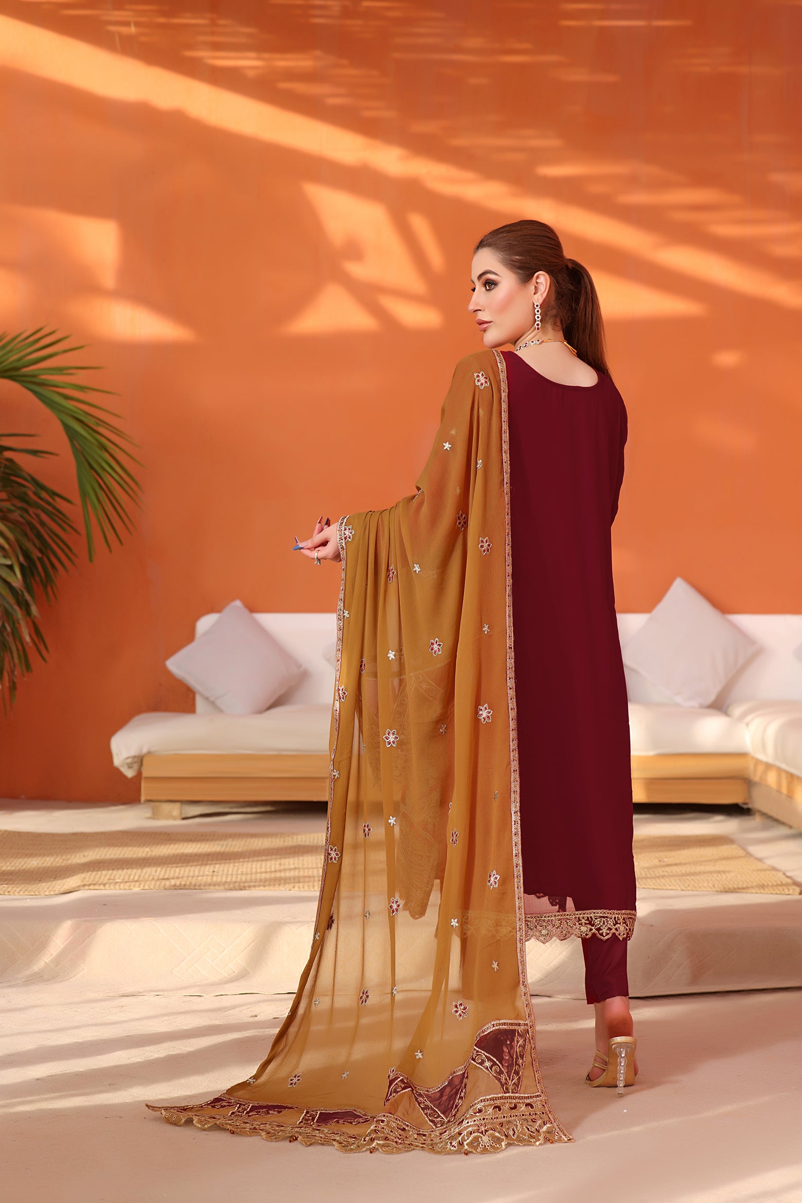 Deep Mehroon 3 piece semi stitched suit with contrast heavy mustard Dupatta