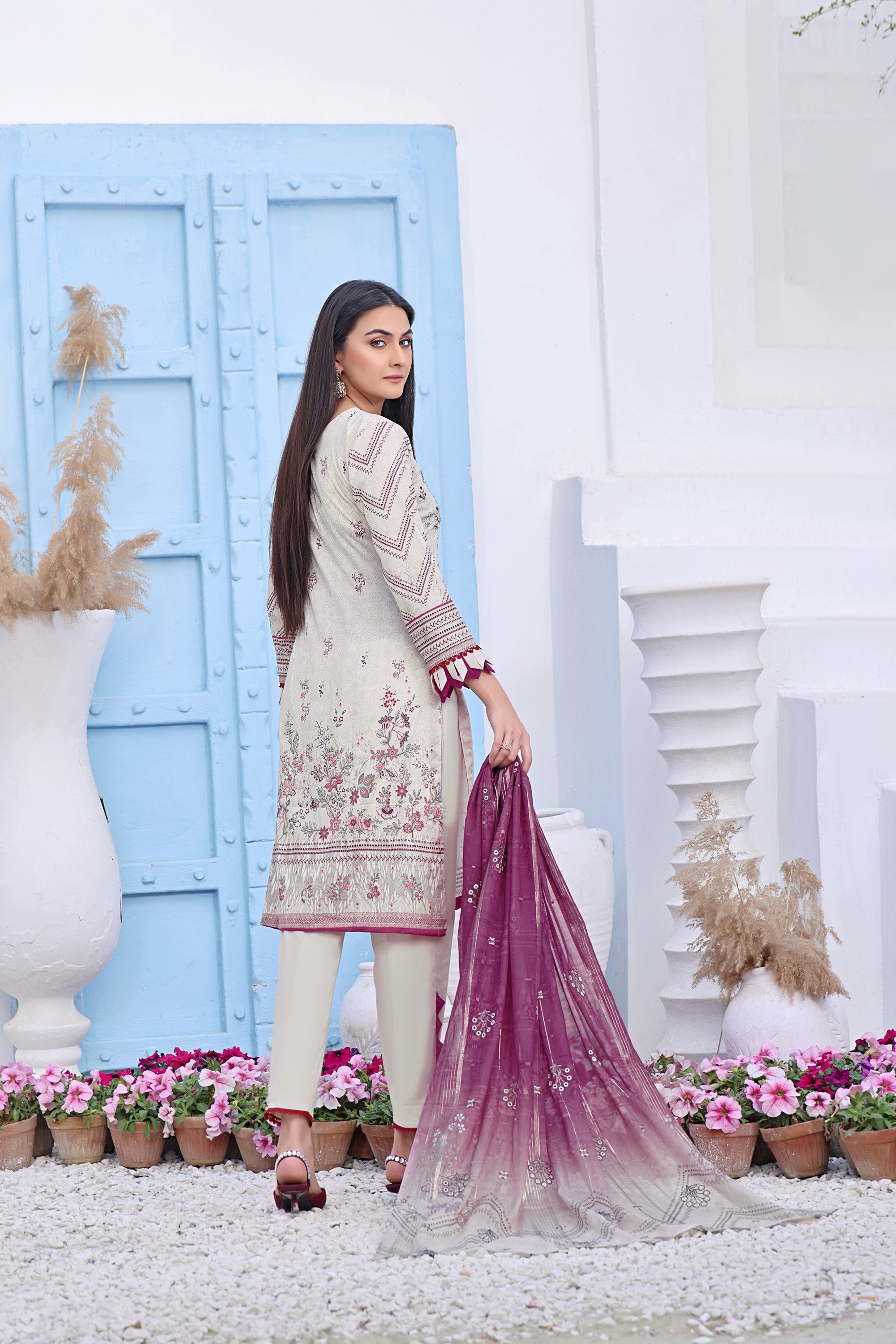 SM BK-02  Neck embroidered Unstitched 3 Piece Lawn suit Swiss dupatta.