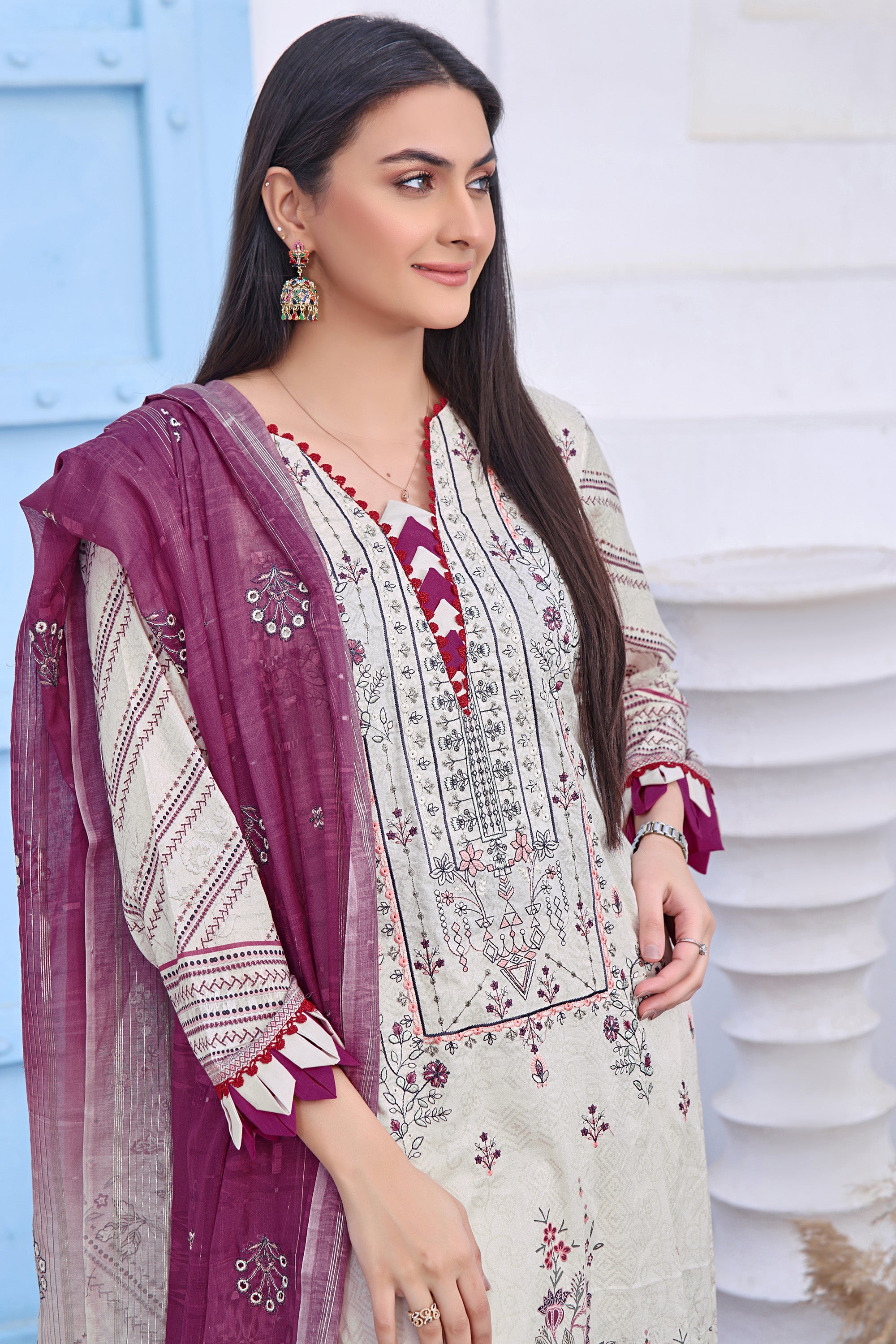 SM BK-02  Neck embroidered Unstitched 3 Piece Lawn suit Swiss dupatta.