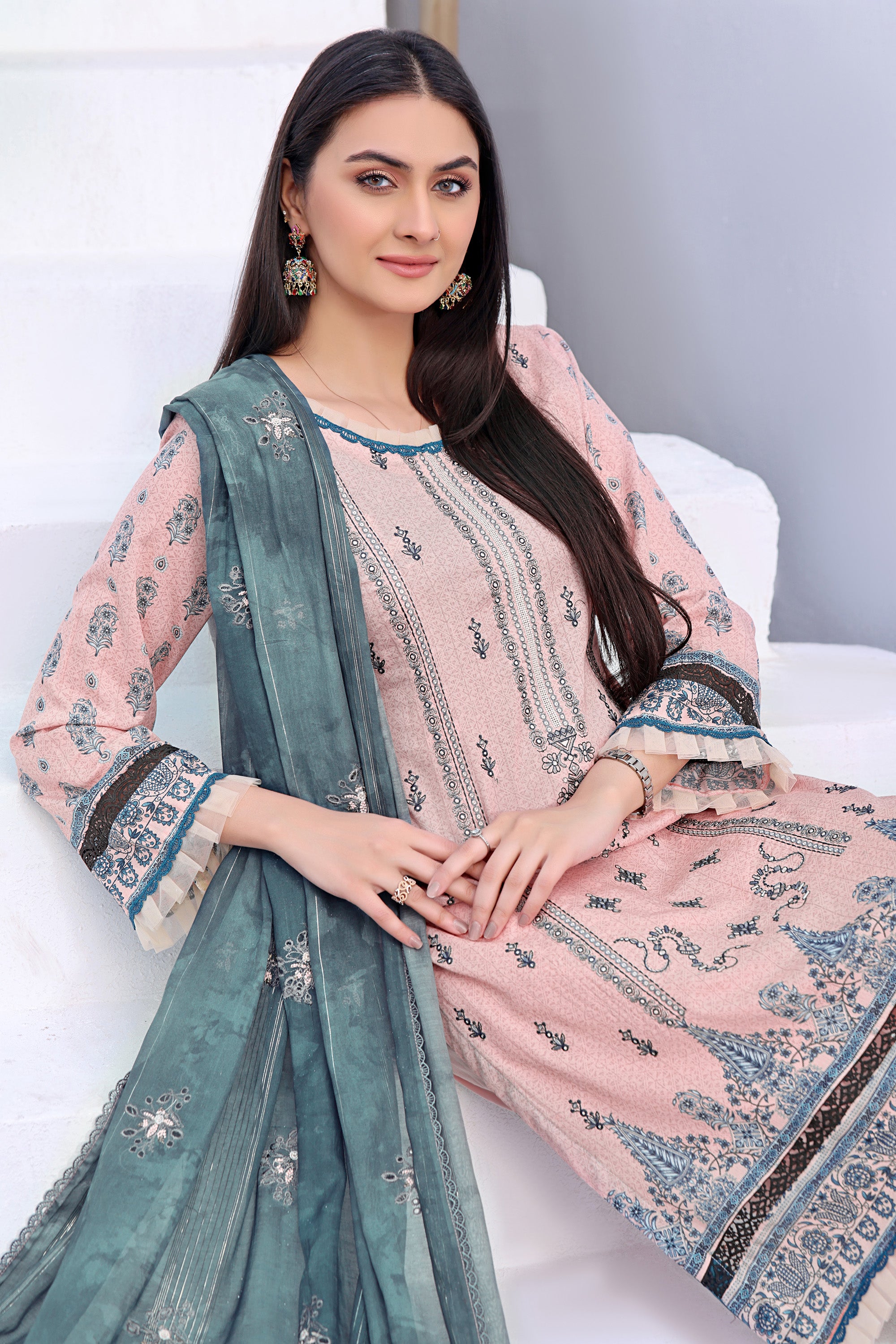 SM BK-05 Neck embroidered Unstitched 3 Piece Lawn suit Swiss dupatta.