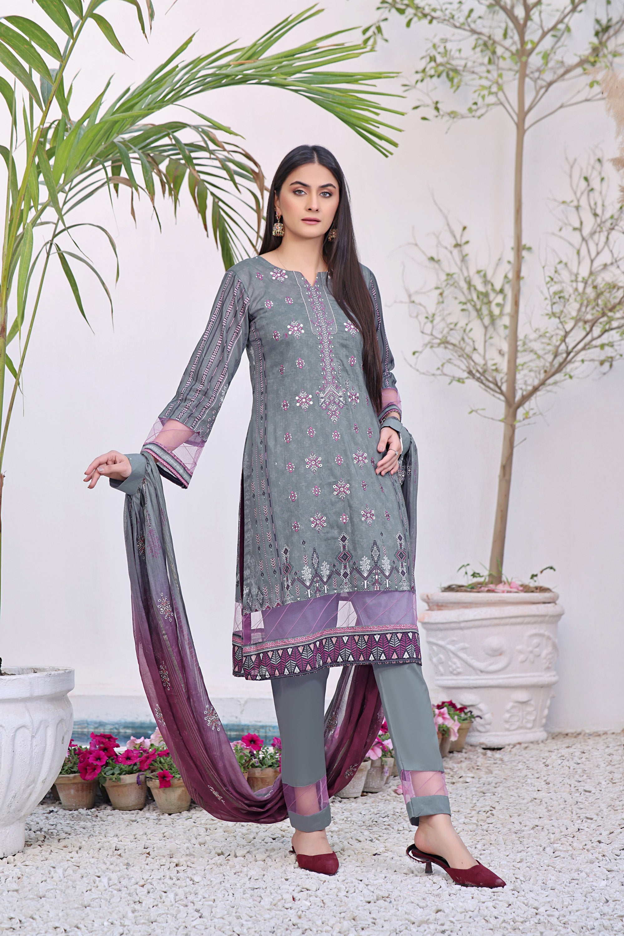 SM BK-06  Neck embroidered Unstitched 3 Piece Lawn suit Swiss dupatta.