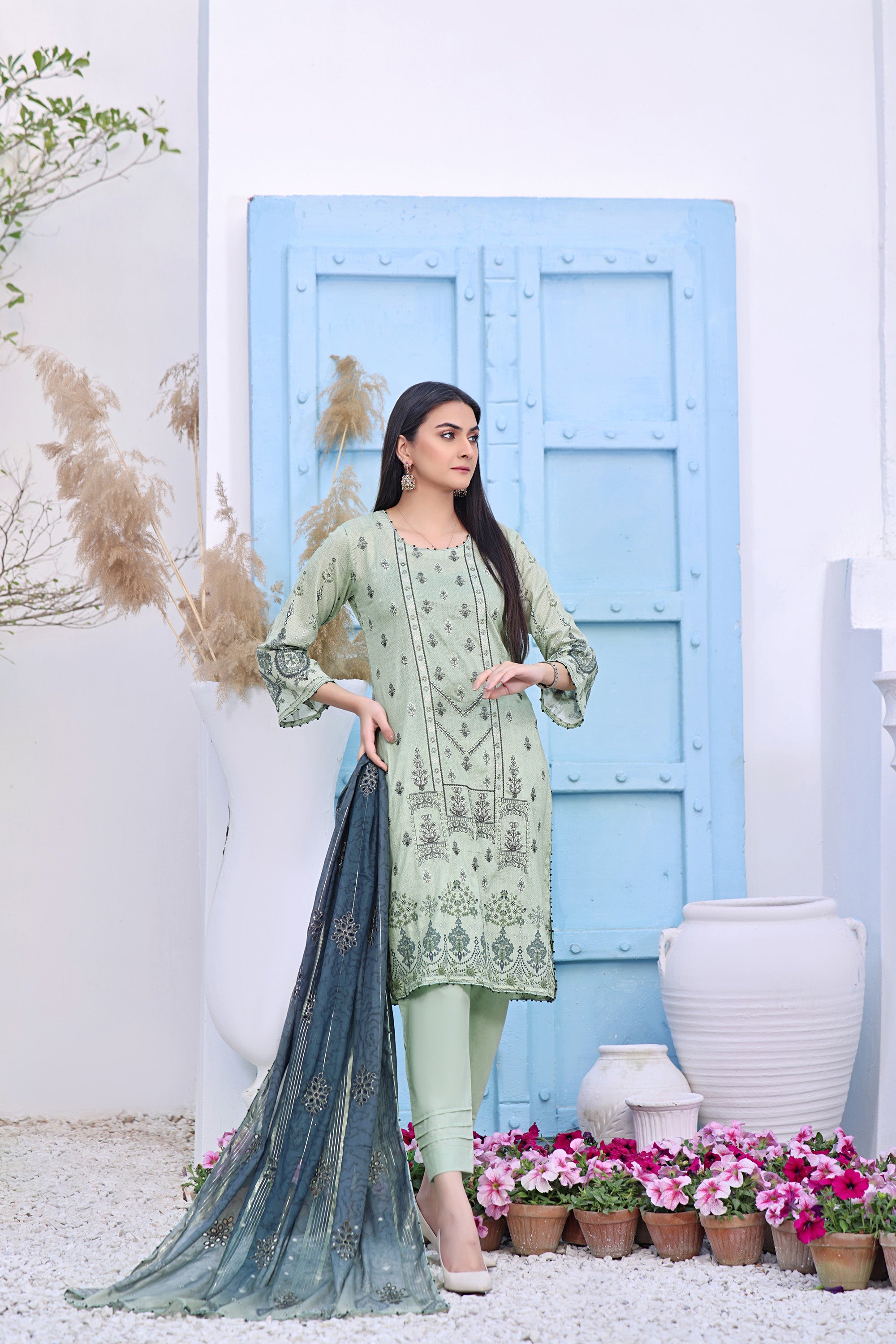 SM BK-08  Neck embroidered Unstitched 3 Piece Lawn suit Swiss dupatta.