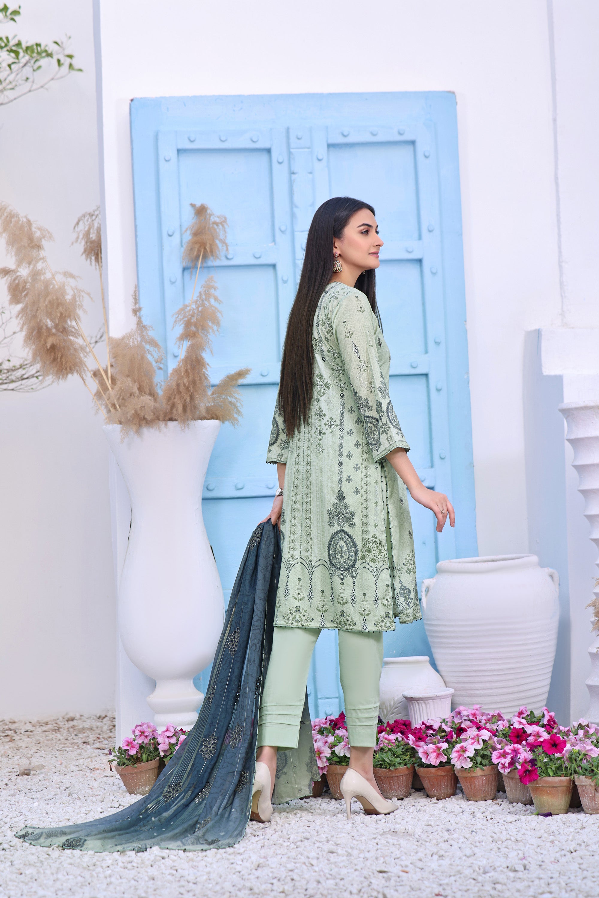 SM BK-08  Neck embroidered Unstitched 3 Piece Lawn suit Swiss dupatta.