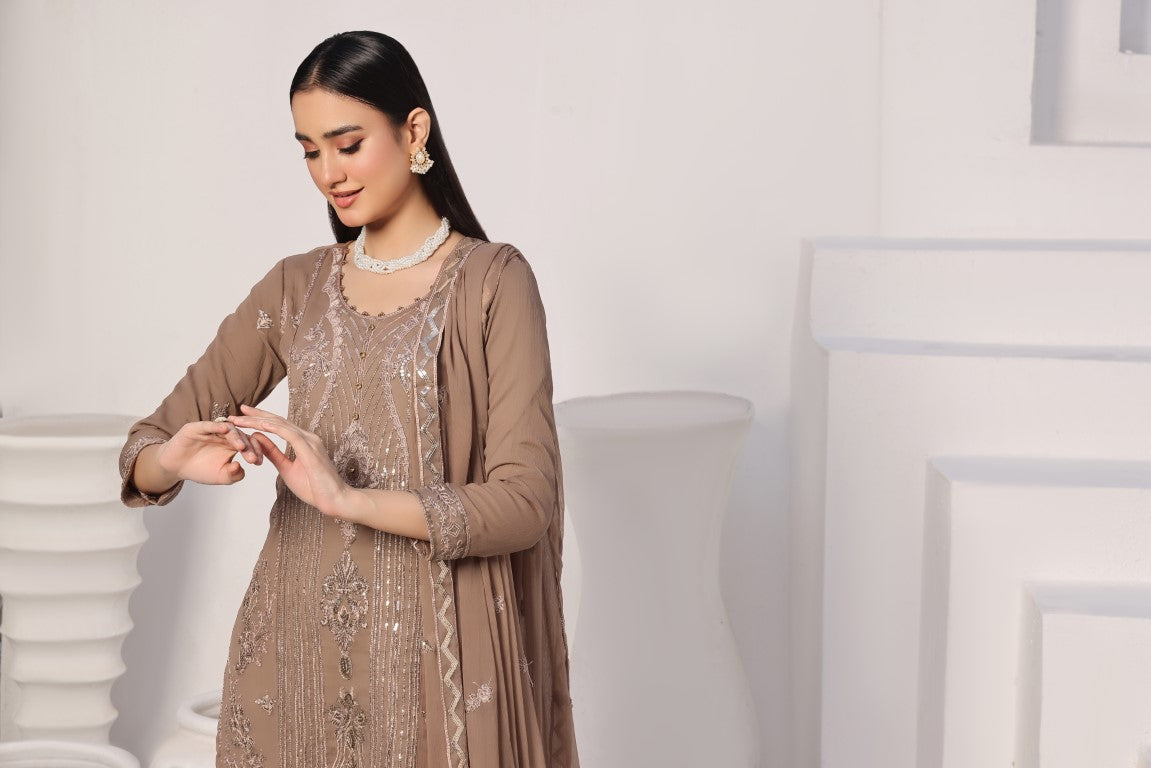 Elegant Chestnut Embroidered Suit | Gul Posh Collection